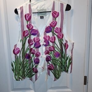 Tenango Embroidered Flower Vest Pink and Green Large